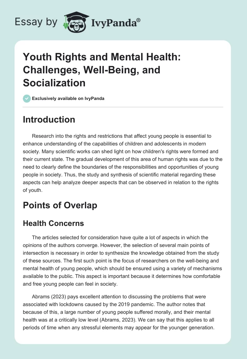 Youth Rights and Mental Health: Challenges, Well-Being, and Socialization. Page 1