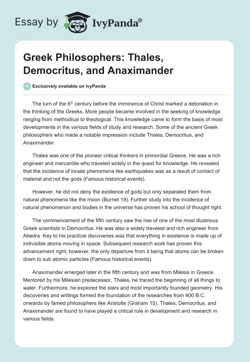 Greek Philosophers: Thales, Democritus, and Anaximander. Page 1
